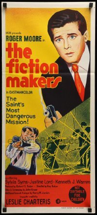 4r704 FICTION MAKERS Aust daybill '70 artwork of Roger Moore as Leslie Charteris' The Saint!