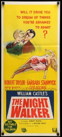 4r824 NIGHT WALKER Aust daybill '65 William Castle, art of Taylor, Stanwyck & near-naked girl!