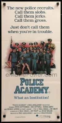 4r845 POLICE ACADEMY Aust daybill '84 Steve Guttenberg, Kim Cattrall, Drew Struzan police artwork!