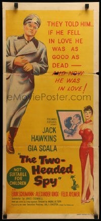 4r968 TWO-HEADED SPY Aust daybill '58 Hawkins, Gia Scala, fantastic exploits of the master spy!