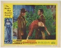 4s547 BAREFOOT CONTESSA LC #8 '54 Humphrey Bogart by Rossano Brazzi carrying Ava Gardner in rain!