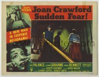 4s907 SUDDEN FEAR LC #5 '52 Joan Crawford in fur coat confronts Jack Palance at top of stairs!