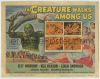 5c092 CREATURE WALKS AMONG US TC '56 Reynold Brown art of monster holding victim over his head!