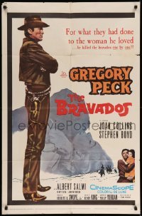 5f227 BRAVADOS 1sh '58 full-length art of cowboy Gregory Peck with gun & sexy Joan Collins!