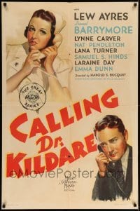 5f242 CALLING DR. KILDARE 1sh '39 artwork of Lew Ayres talking to nurse Laraine Day on phone!