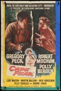 5f245 CAPE FEAR 1sh '62 Gregory Peck, Robert Mitchum, Polly Bergen, classic noir, Terror!