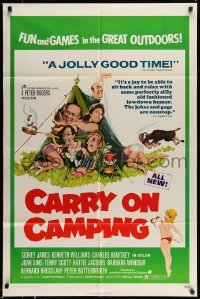 5f251 CARRY ON CAMPING 1sh '71 Sidney James, English nudist sex, wacky outdoors artwork!