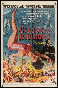 5f278 CIRCUS OF HORRORS 1sh '60 wild horror art of super sexy trapeze girl hanging by neck!