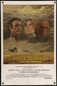 5f288 COMES A HORSEMAN 1sh '78 art of James Caan, Jane Fonda & Jason Robards in sky by McGinnis!