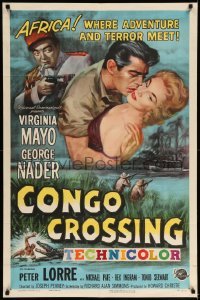 5f293 CONGO CROSSING 1sh '56 art of Peter Lorre pointing gun at Virginia Mayo & George Nader