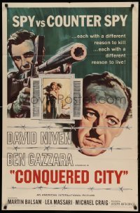 5f294 CONQUERED CITY 1sh '65 cool art of David Niven & Ben Gazzara, spy vs. counter spy!