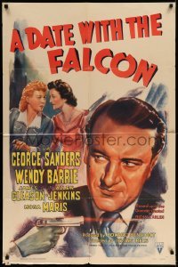 5f318 DATE WITH THE FALCON style A 1sh '41 art of detective George Sanders & Barrie + shooting gun!