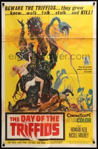 5f322 DAY OF THE TRIFFIDS 1sh '62 classic English sci-fi horror, cool art of monster with girl!