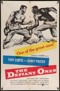 5f339 DEFIANT ONES 1sh '58 art of escaped cons Tony Curtis & Sidney Poitier chained together!