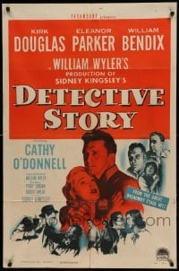 5f347 DETECTIVE STORY 1sh '51 William Wyler, Kirk Douglas can't forgive Eleanor Parker!