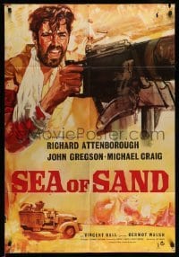 5f115 SEA OF SAND English 1sh '62 Richard Attenborough, cool art of military soldier with huge gun