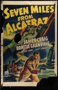 5f764 SEVEN MILES FROM ALCATRAZ 1sh '42 cool art of James Craig escaping prison with gun!