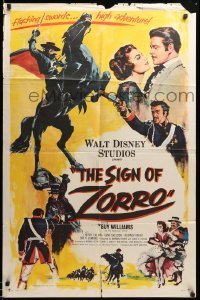 5f792 SIGN OF ZORRO 1sh '60 Walt Disney, cool art of masked hero Guy Williams on horseback!