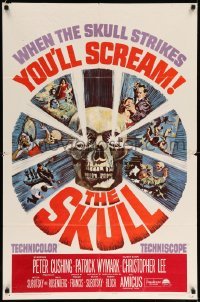 5f801 SKULL 1sh '65 Peter Cushing, Christopher Lee, cool horror artwork of creepy skull!