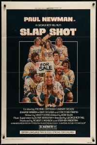 5f802 SLAP SHOT style A 1sh '77 Paul Newman hockey sports classic, great cast portrait art by Craig