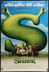 5r778 SHREK DS 1sh '01 great image of top cast sitting in front of giant S!