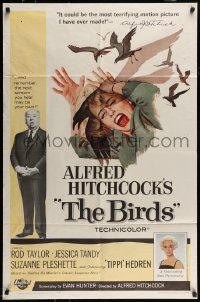 6f086 BIRDS 1sh '63 director Alfred Hitchcock shown, Tippi Hedren, classic intense attack artwork!