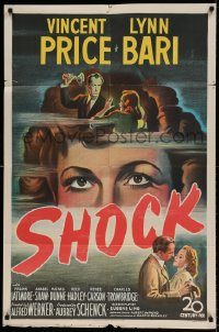 6f756 SHOCK 1sh '45 cool stone litho of Vincent Price & pretty Lynn Bari & Anabel Shaw!