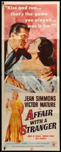 6k508 AFFAIR WITH A STRANGER revised insert '53 great artwork of Jean Simmons, Victor Mature!