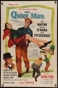 6t720 QUIET MAN 1sh R57 great image of John Wayne carrying Maureen O'Hara, John Ford classic!