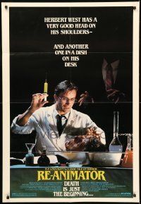 6t732 RE-ANIMATOR 1sh '85 great image of mad scientist Jeffrey Combs with severed head in bowl!