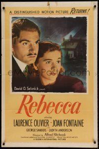 6t734 REBECCA 1sh R46 smiling c/u of Joan Fontaine with bouquet of roses, Hitchcock!