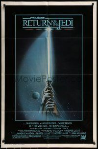 6t739 RETURN OF THE JEDI 1sh '83 George Lucas, art of hands holding lightsaber by Tim Reamer!