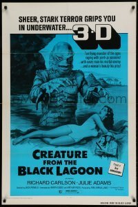 7b163 CREATURE FROM THE BLACK LAGOON 1sh R1972 great art of monster attacking sexy Julie Adams, 3-D!