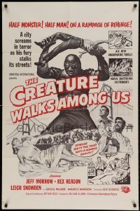 7b165 CREATURE WALKS AMONG US military 1sh R1960s Brown art of monster by Golden Gate Bridge!