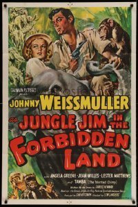 7b421 JUNGLE JIM IN THE FORBIDDEN LAND 1sh 1951 Cravath art of Johnny Weissmuller & fake manimals!