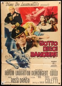 7g605 UNDER TEN FLAGS Italian 1p 1960 art of Van Heflin, Charles Laughton & sexy Mylene Demongeot!