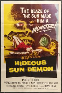 7r398 HIDEOUS SUN DEMON 1sh 1959 the blaze of the sun made Robert Clarke a monster, cool art!