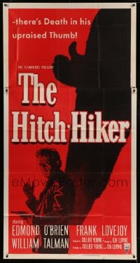 7t754 HITCH-HIKER 3sh 1953 different film noir image of man with upraised thumb & shadow!