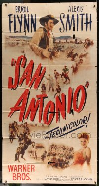 7t896 SAN ANTONIO 3sh 1945 cowboy Errol Flynn, Alexis Smith, different western montage, rare!