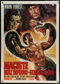 7t482 HERCULES AGAINST THE BARBARIAN Italian 1p R1960 Tarantelli art of Mark Forest wrestling snake!