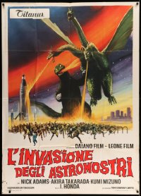 7t495 INVASION OF ASTRO-MONSTER Italian 1p 1970 Toho, cool different art of battling monsters!