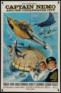 7y129 CAPTAIN NEMO & THE UNDERWATER CITY 1sh 1970 artwork of cast, scuba divers & cool ship