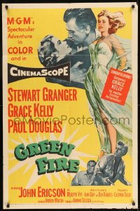 7y325 GREEN FIRE 1sh 1954 art of Stewart Granger & beautiful full-length wind-blown Grace Kelly!