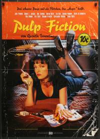 8g680 PULP FICTION advance German 1994 Quentin Tarantino, Uma Thurman smoking Lucky Strikes in bed!