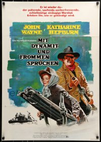 8g690 ROOSTER COGBURN German 1975 different art of John Wayne with eyepatch & Katharine Hepburn!