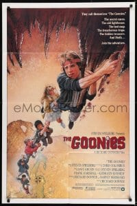 8j338 GOONIES int'l 1sh 1985 wonderful Drew Struzan art of top cast hanging from stalactite!