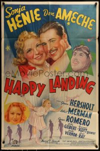 8j359 HAPPY LANDING style A 1sh 1937 stone litho of ice skater Sonja Henie & pilot Don Ameche!