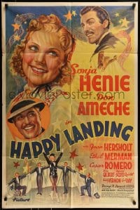 8j360 HAPPY LANDING style B 1sh 1937 stone litho of ice skater Sonja Henie & pilot Don Ameche, rare