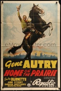 8j384 HOME ON THE PRAIRIE 1sh 1939 art of smiling western cowboy Gene Autry on rearing horse!