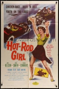 8j391 HOT ROD GIRL 1sh 1956 AIP, Lori Nelson, wild sexy dancing bad girl & chicken-race art!